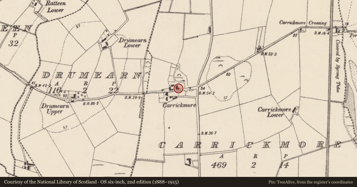 Ordnance Survey six-inch map, 2nd edition (1888–1915) covering the location of Bullaun stone, Carrickmore, County Donegal, with a pin at the register's coordinates