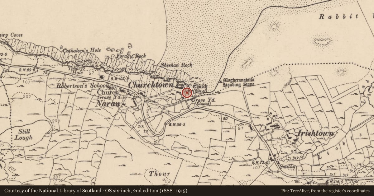 Ordnance Survey six-inch map, 2nd edition (1888–1915) covering the location of Graveyard, Clooney, County Donegal, with a pin at the register's coordinates