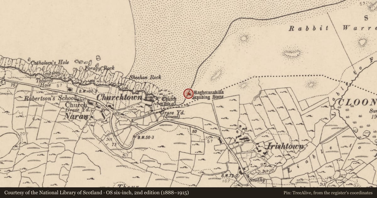 Ordnance Survey six-inch map, 2nd edition (1888–1915) covering the location of Standing stone, Clooney, County Donegal, with a pin at the register's coordinates