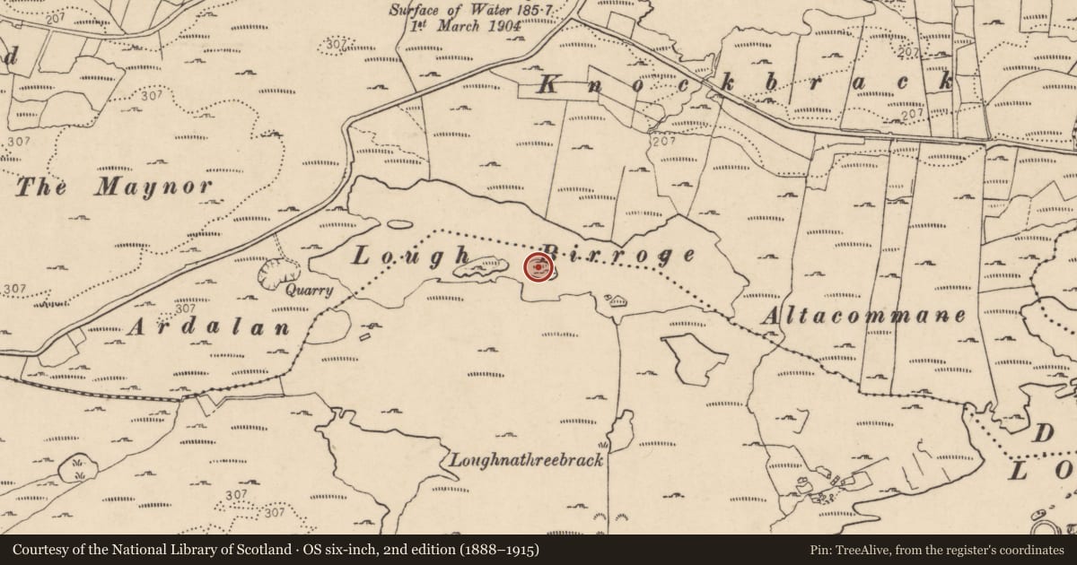 Ordnance Survey six-inch map, 2nd edition (1888–1915) covering the location of Ringfort - cashel, Drumboghill, County Donegal, with a pin at the register's coordinates