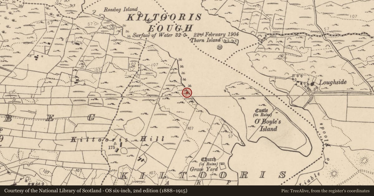 Ordnance Survey six-inch map, 2nd edition (1888–1915) covering the location of Church, Kiltooris, County Donegal, with a pin at the register's coordinates