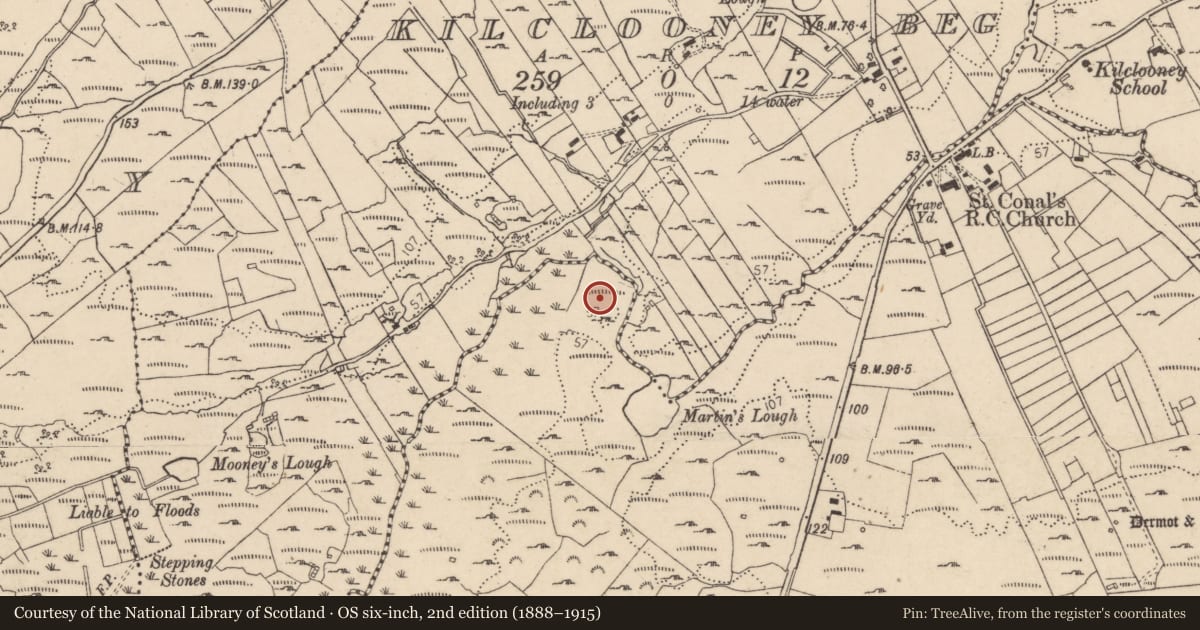 Ordnance Survey six-inch map, 2nd edition (1888–1915) covering the location of Ecclesiastical enclosure, Kilclooney More, County Donegal, with a pin at the register's coordinates