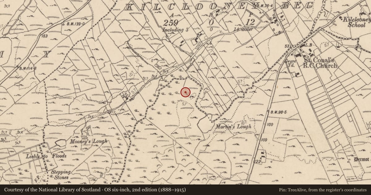 Ordnance Survey six-inch map, 2nd edition (1888–1915) covering the location of Structure, Kilclooney More, County Donegal, with a pin at the register's coordinates