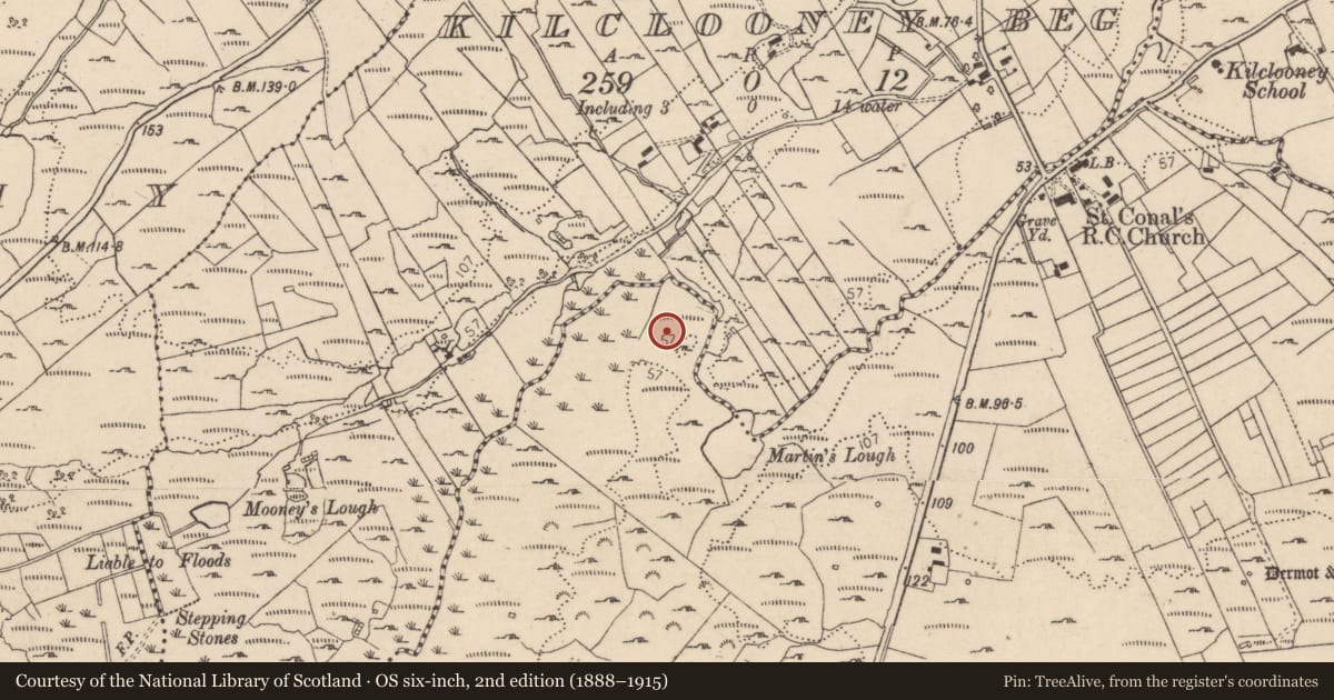 Ordnance Survey six-inch map, 2nd edition (1888–1915) covering the location of Structure, Kilclooney More, County Donegal, with a pin at the register's coordinates