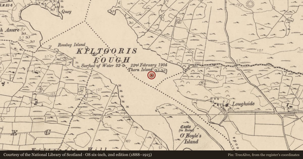 Ordnance Survey six-inch map, 2nd edition (1888–1915) covering the location of Crannog, Drumboghill, County Donegal, with a pin at the register's coordinates