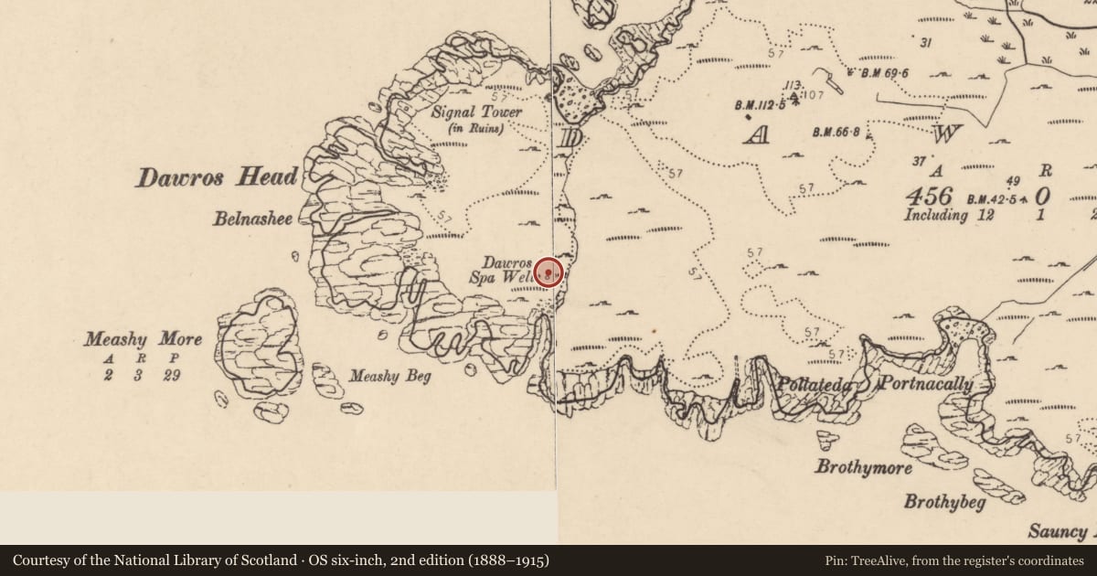 Ordnance Survey six-inch map, 2nd edition (1888–1915) covering the location of Well, Dawros, County Donegal, with a pin at the register's coordinates