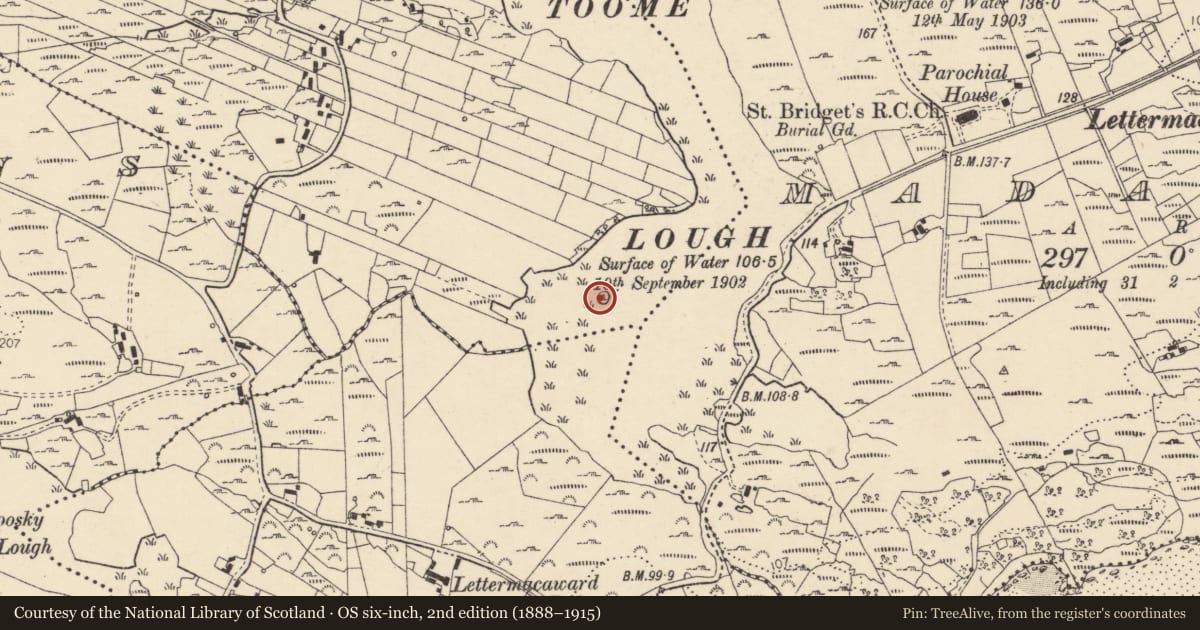 Ordnance Survey six-inch map, 2nd edition (1888–1915) covering the location of Crannog, Tuaim (TC Leitir Mhic an Bhaird), County Donegal, with a pin at the register's coordinates