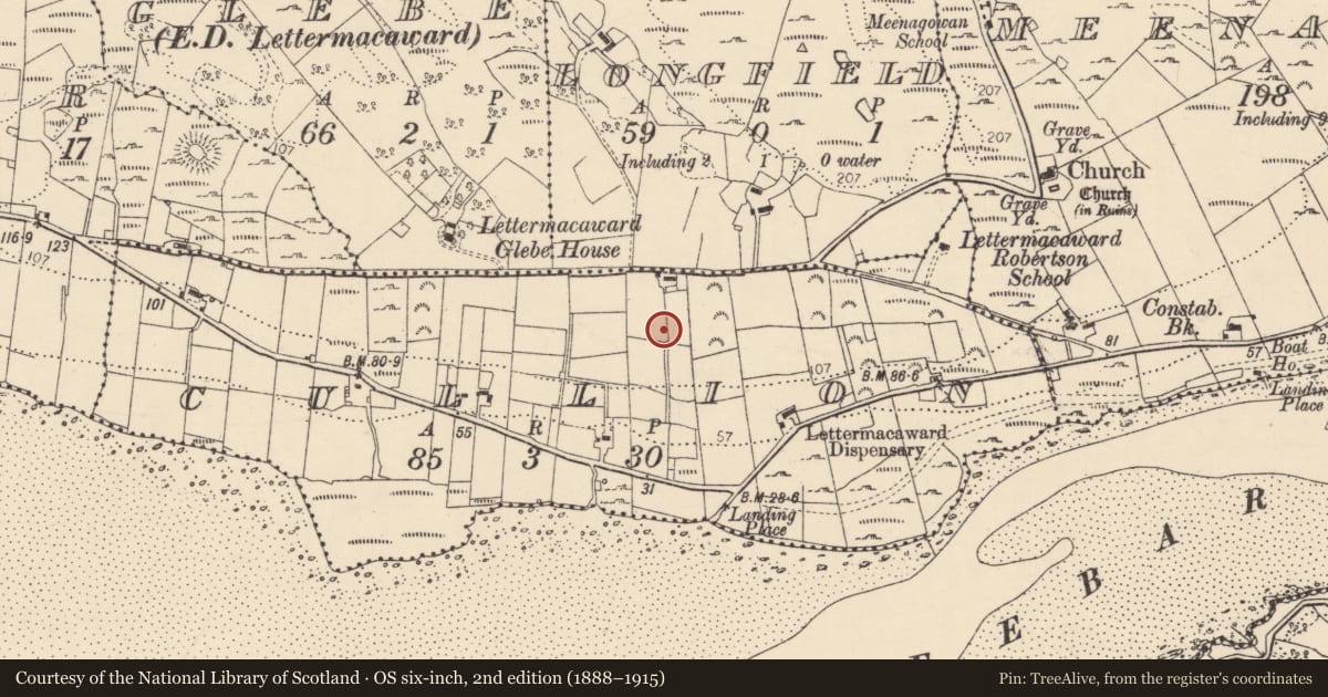 Ordnance Survey six-inch map, 2nd edition (1888–1915) covering the location of Ringfort - unclassified, An Coillín (TC Leitir Mhic an Bhaird), County Donegal, with a pin at the register's coordinates
