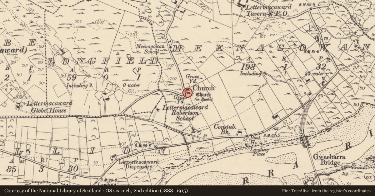 Ordnance Survey six-inch map, 2nd edition (1888–1915) covering the location of Graveyard, Mín An Ghabhann, County Donegal, with a pin at the register's coordinates