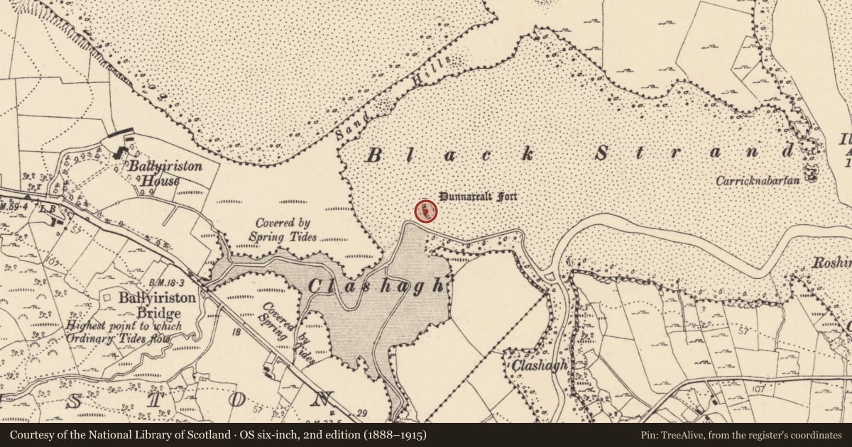 Ordnance Survey six-inch map, 2nd edition (1888–1915) covering the location of Ringfort - cashel, Dunnarealt Island, County Donegal, with a pin at the register's coordinates