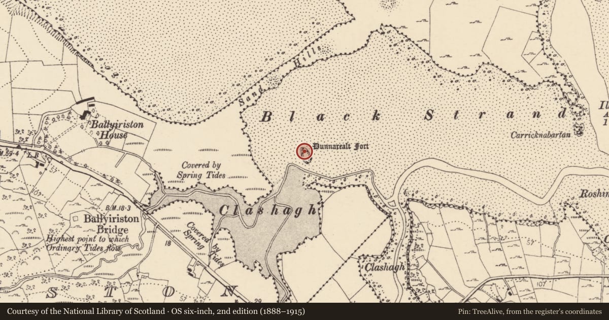 Ordnance Survey six-inch map, 2nd edition (1888–1915) covering the location of Structure, Dunnarealt Island, County Donegal, with a pin at the register's coordinates