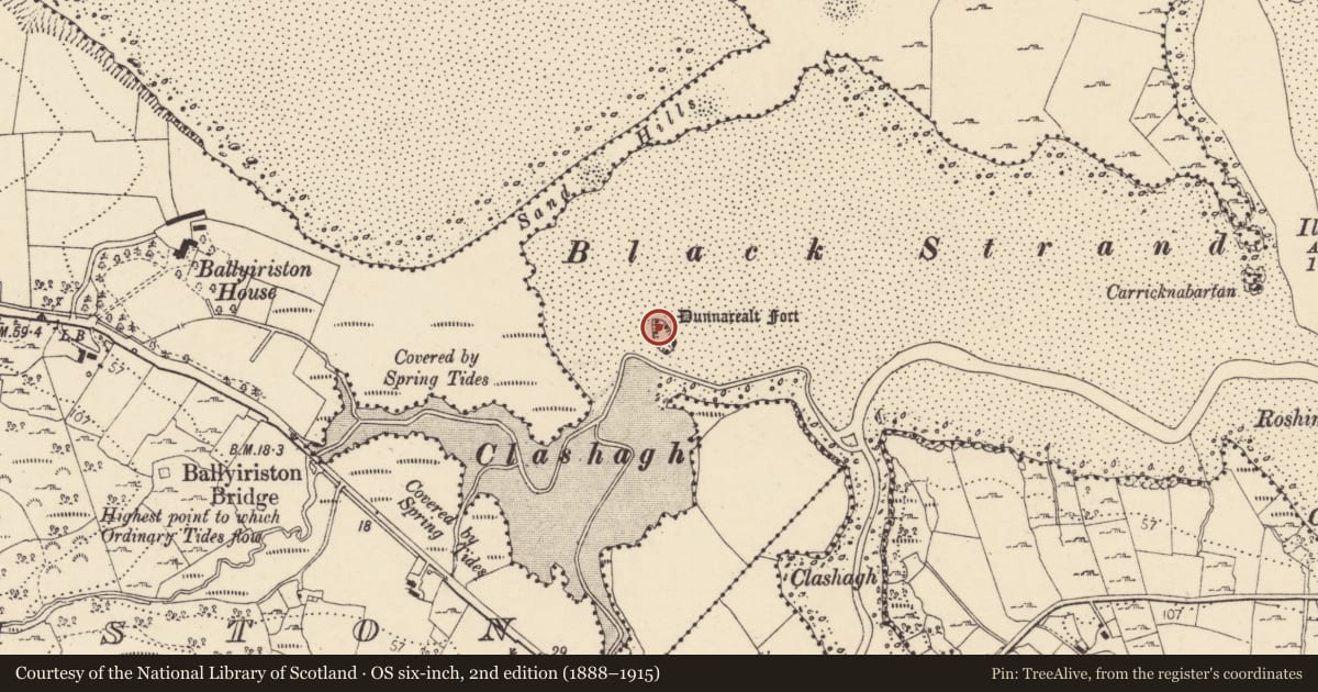 Ordnance Survey six-inch map, 2nd edition (1888–1915) covering the location of Structure, Dunnarealt Island, County Donegal, with a pin at the register's coordinates