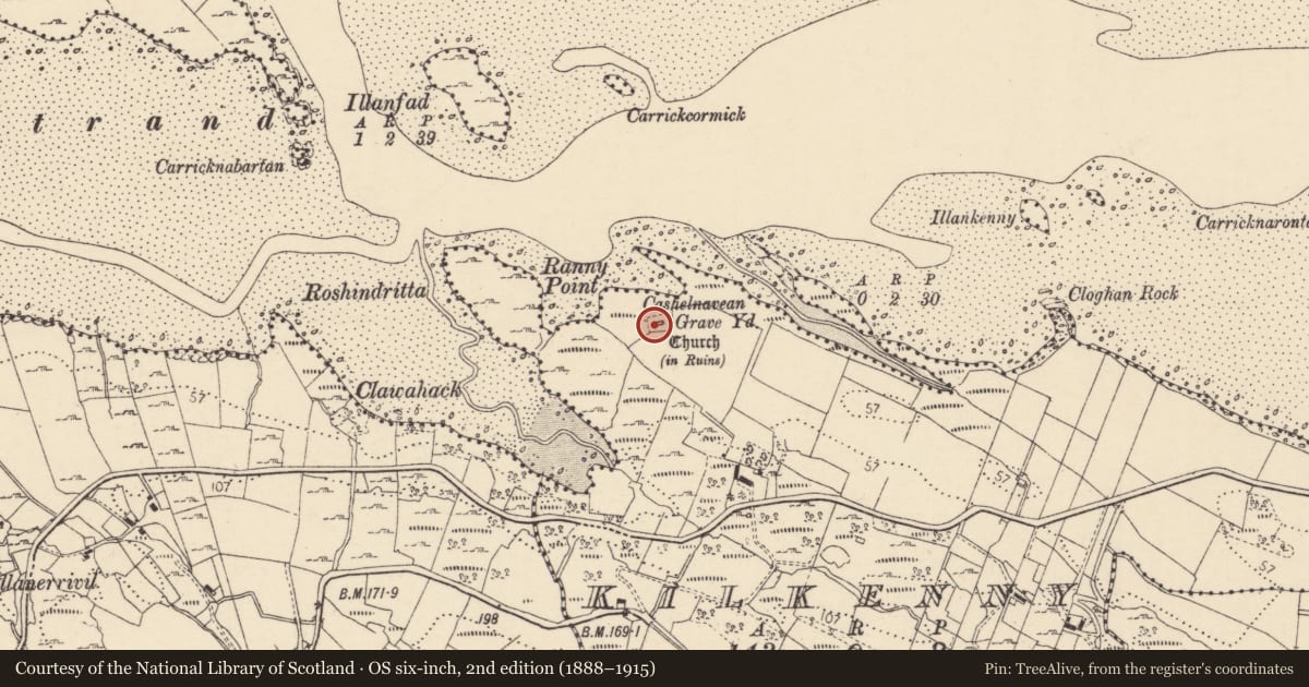 Ordnance Survey six-inch map, 2nd edition (1888–1915) covering the location of Ecclesiastical enclosure, Kilkenny, County Donegal, with a pin at the register's coordinates