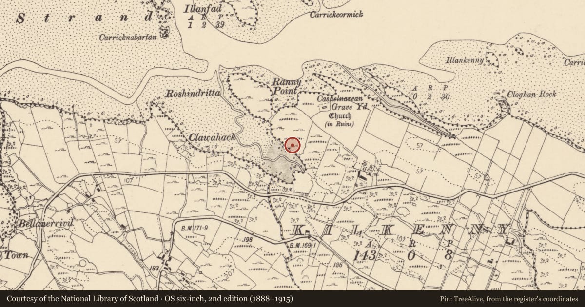 Ordnance Survey six-inch map, 2nd edition (1888–1915) covering the location of Mound, Kilkenny, County Donegal, with a pin at the register's coordinates