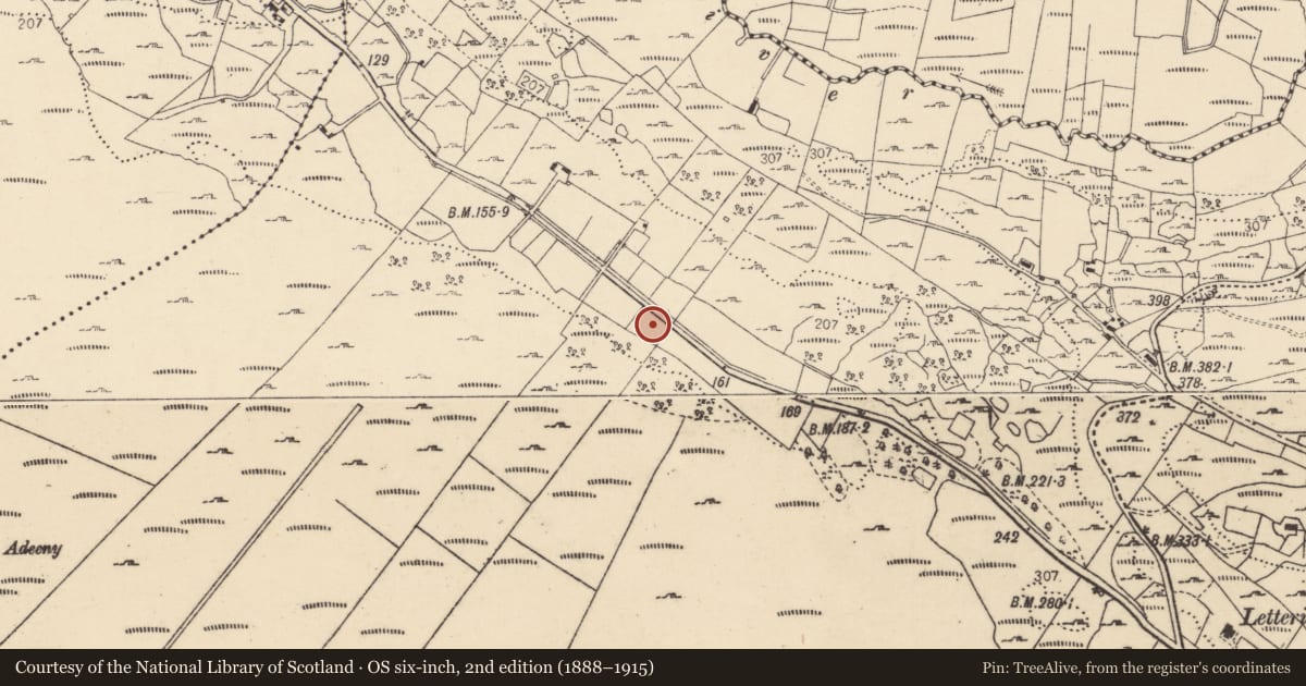 Ordnance Survey six-inch map, 2nd edition (1888–1915) covering the location of Fulacht fia, Letterilly, County Donegal, with a pin at the register's coordinates