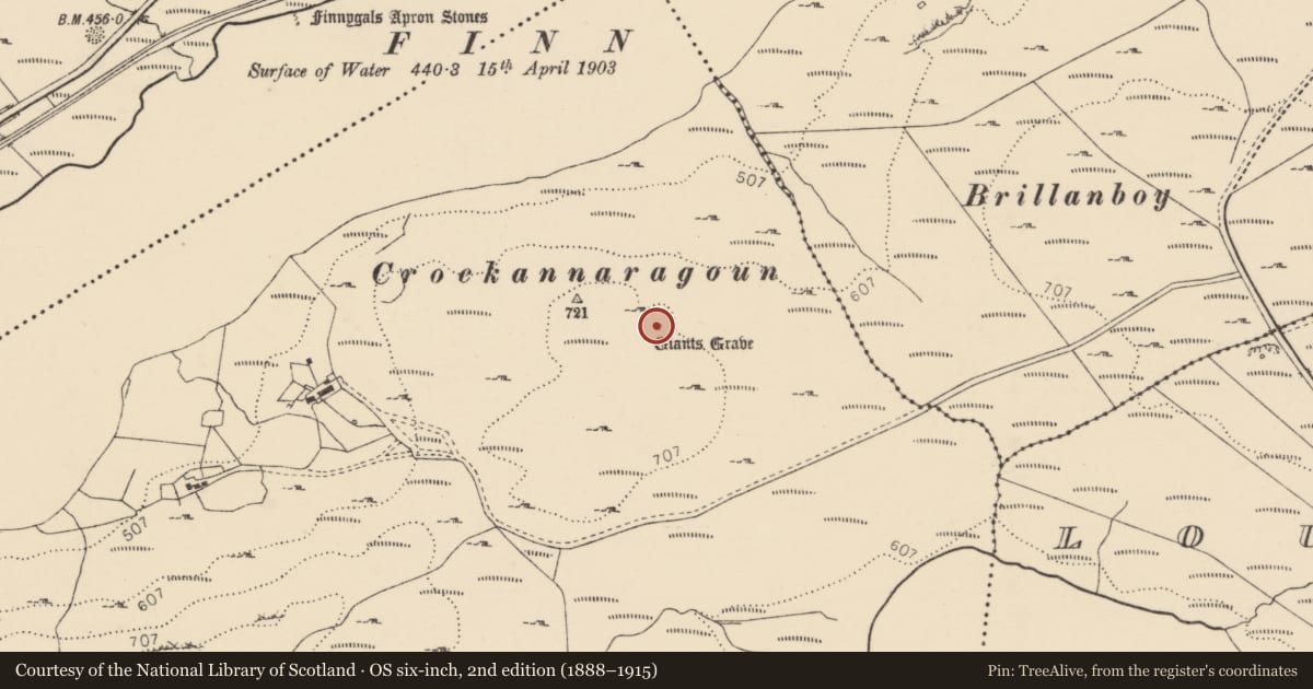 Ordnance Survey six-inch map, 2nd edition (1888–1915) covering the location of Megalithic tomb - unclassified, An Cró Cam, County Donegal, with a pin at the register's coordinates