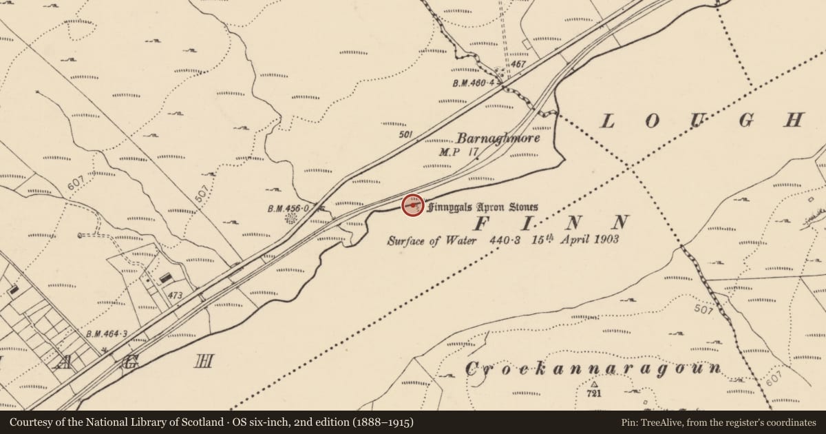 Ordnance Survey six-inch map, 2nd edition (1888–1915) covering the location of Megalithic structure, An Curraoin, County Donegal, with a pin at the register's coordinates
