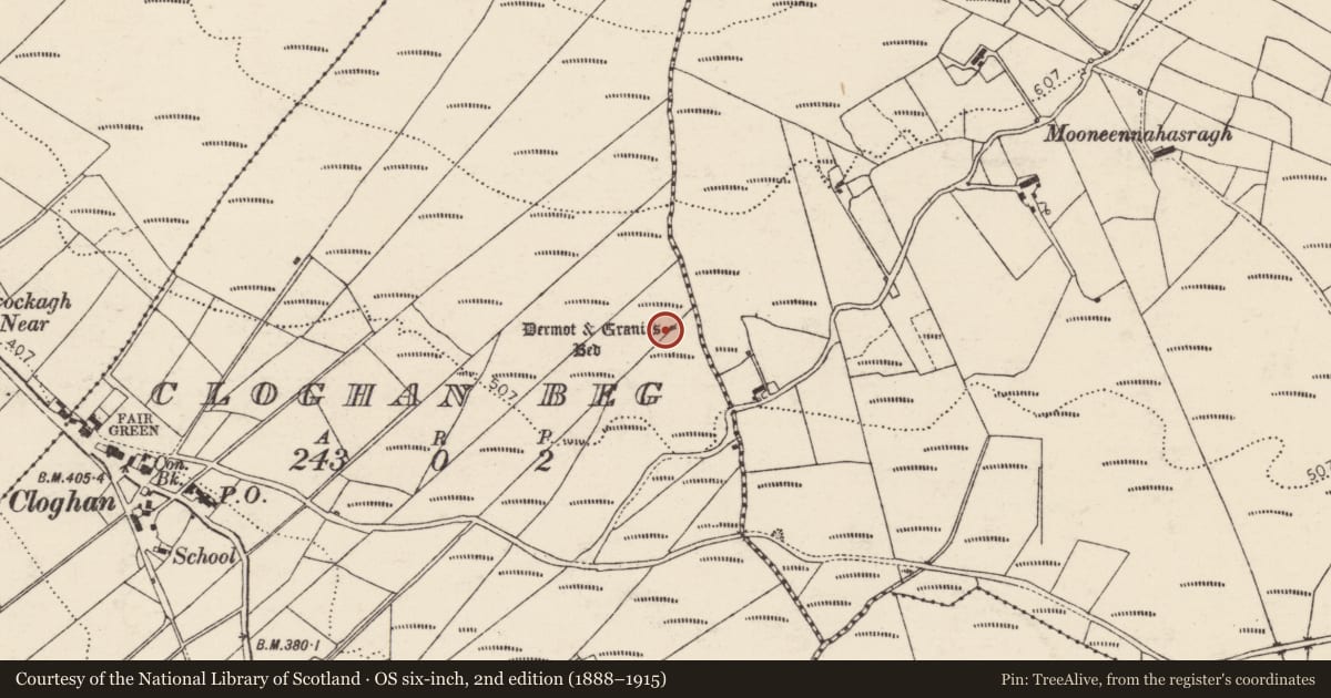 Ordnance Survey six-inch map, 2nd edition (1888–1915) covering the location of Megalithic tomb - unclassified, An Clochán Beag, County Donegal, with a pin at the register's coordinates