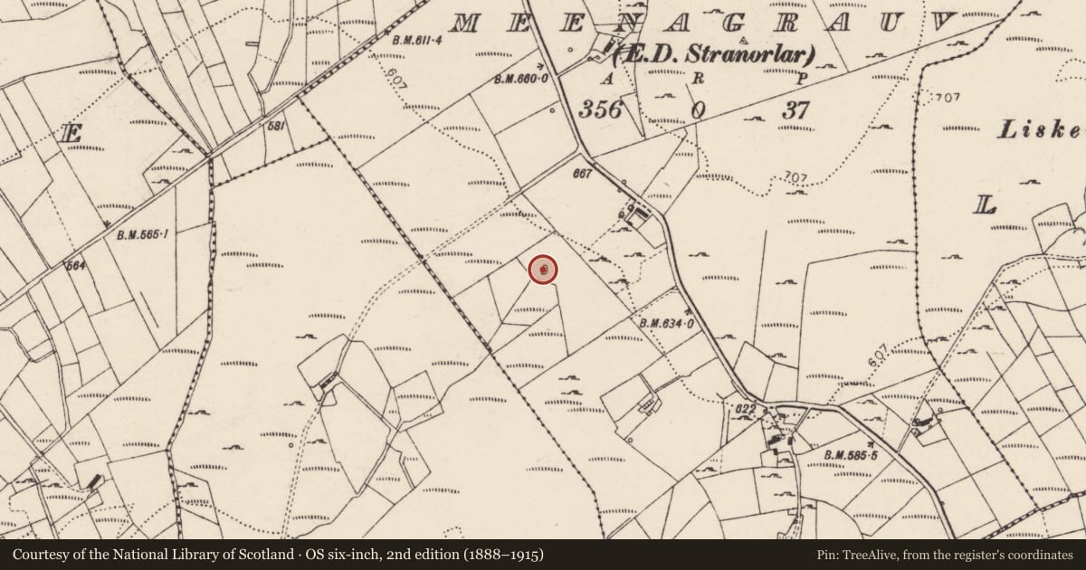 Ordnance Survey six-inch map, 2nd edition (1888–1915) covering the location of Ringfort - cashel, Meenagrauv, County Donegal, with a pin at the register's coordinates