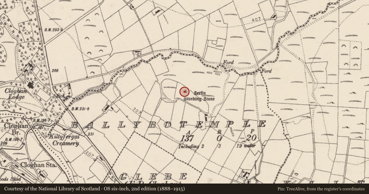 Ordnance Survey six-inch map, 2nd edition (1888–1915) covering the location of Standing stone, Ballybotemple, County Donegal, with a pin at the register's coordinates