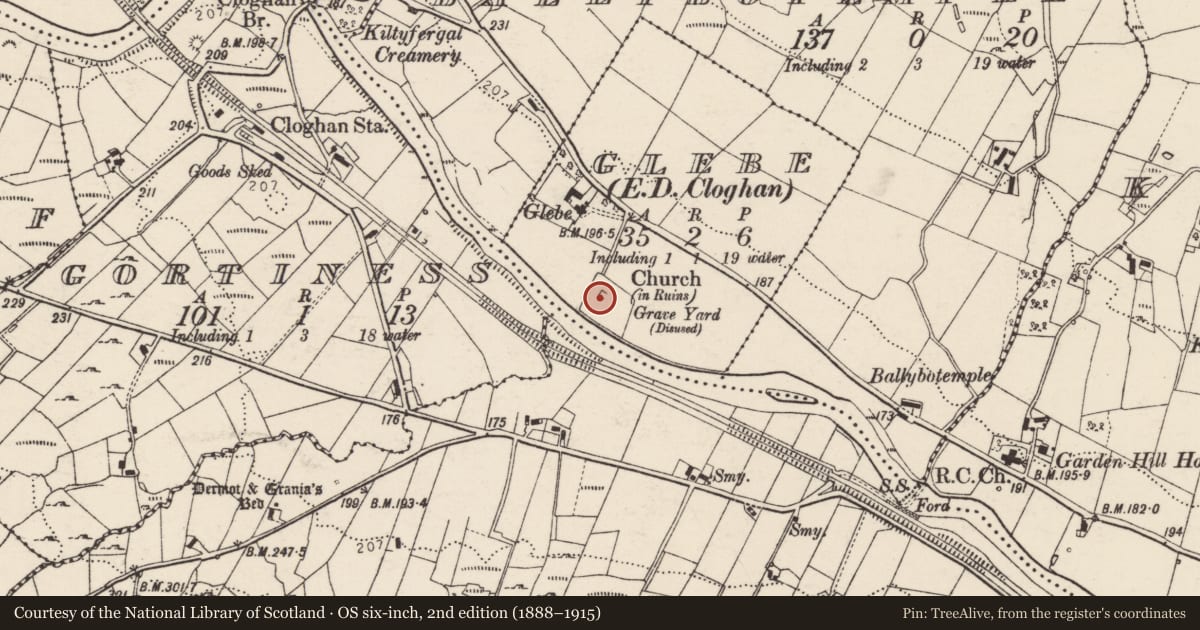 Ordnance Survey six-inch map, 2nd edition (1888–1915) covering the location of Church, Glebe, County Donegal, with a pin at the register's coordinates