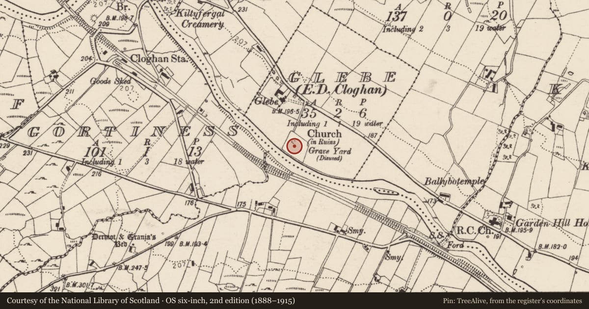 Ordnance Survey six-inch map, 2nd edition (1888–1915) covering the location of Bullaun stone, Glebe, County Donegal, with a pin at the register's coordinates
