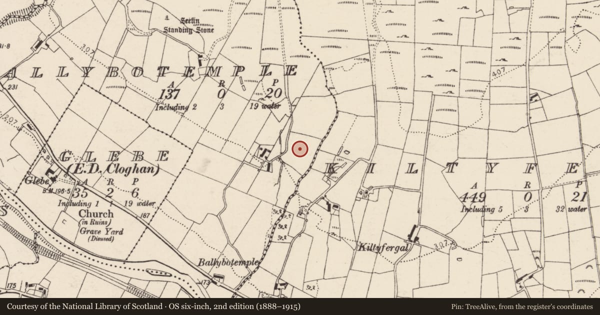 Ordnance Survey six-inch map, 2nd edition (1888–1915) covering the location of Souterrain, Ballybotemple, County Donegal, with a pin at the register's coordinates