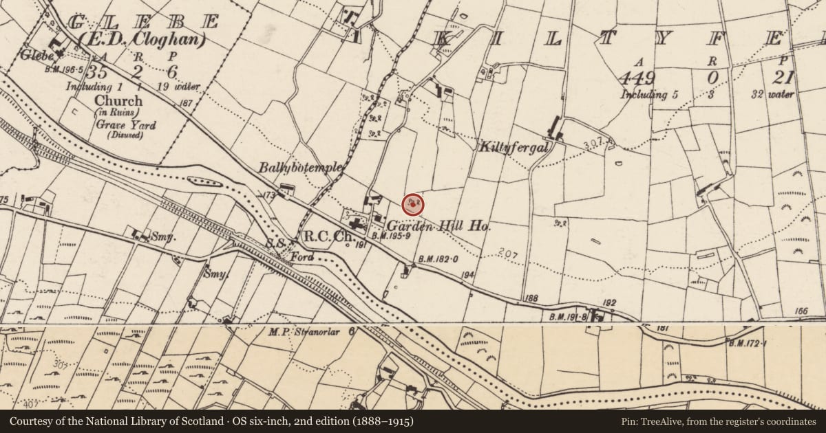 Ordnance Survey six-inch map, 2nd edition (1888–1915) covering the location of Ringfort - cashel, Kiltyfergal, County Donegal, with a pin at the register's coordinates