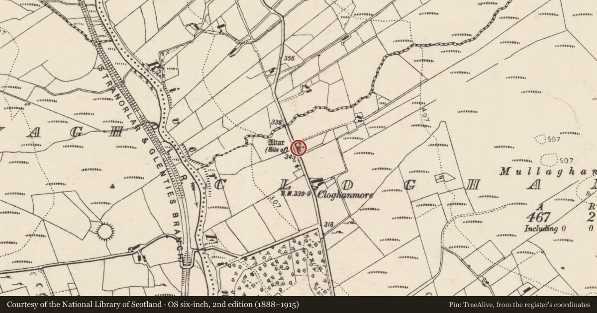 Ordnance Survey six-inch map, 2nd edition (1888–1915) covering the location of Penal Mass station, Cloghan More, County Donegal, with a pin at the register's coordinates