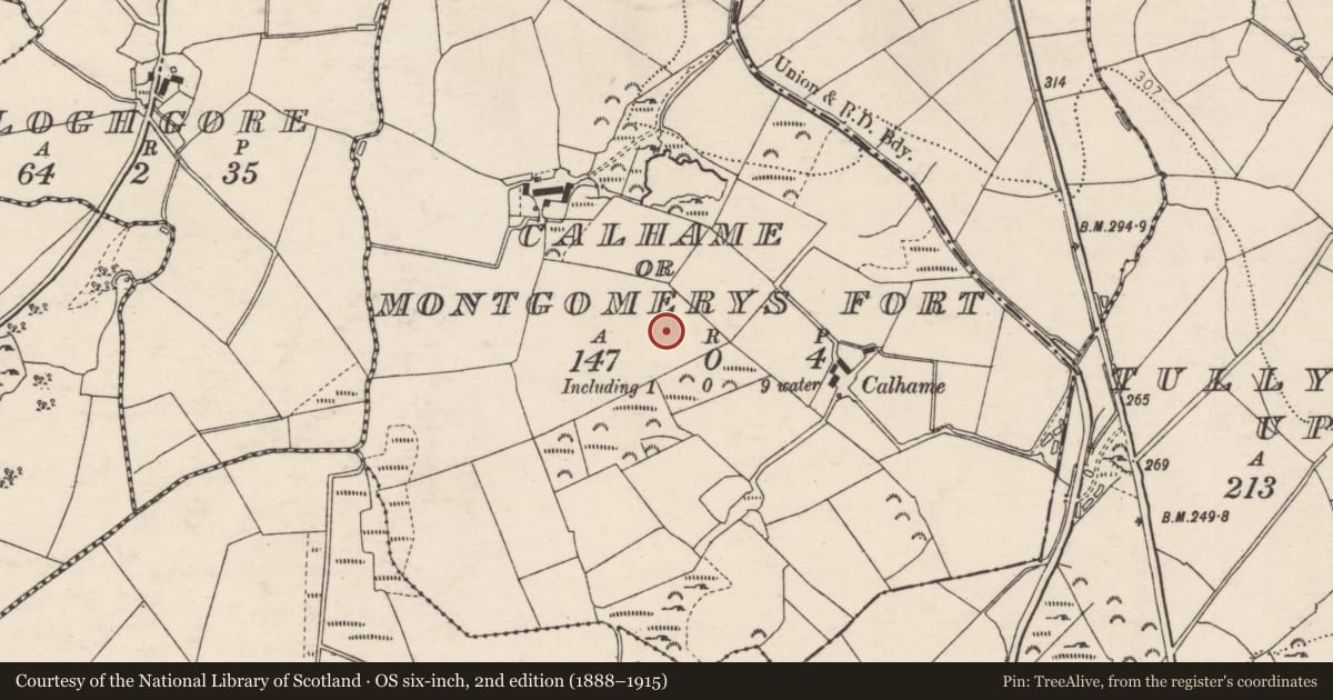 Ordnance Survey six-inch map, 2nd edition (1888–1915) covering the location of Ringfort - unclassified, Calhame Or Montgomery'S Fort, County Donegal, with a pin at the register's coordinates