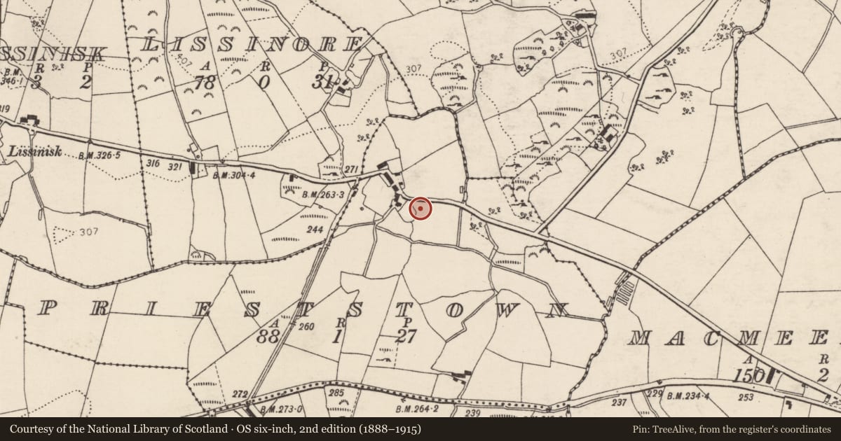 Ordnance Survey six-inch map, 2nd edition (1888–1915) covering the location of Ringfort - unclassified, Prieststown, County Donegal, with a pin at the register's coordinates