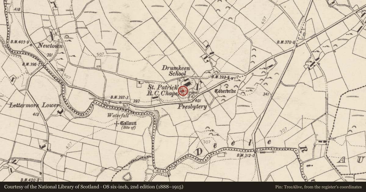 Ordnance Survey six-inch map, 2nd edition (1888–1915) covering the location of Burial ground, Drumkeen, County Donegal, with a pin at the register's coordinates