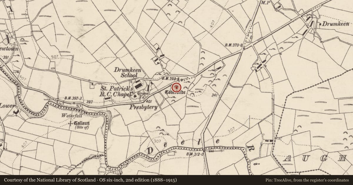 Ordnance Survey six-inch map, 2nd edition (1888–1915) covering the location of Ritual site - holy well, Drumkeen, County Donegal, with a pin at the register's coordinates