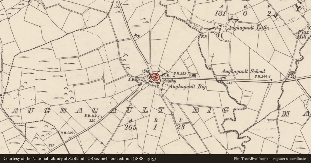 Ordnance Survey six-inch map, 2nd edition (1888–1915) covering the location of Clochan, Aughagault Big, County Donegal, with a pin at the register's coordinates