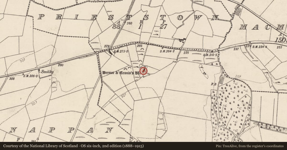 Ordnance Survey six-inch map, 2nd edition (1888–1915) covering the location of Megalithic tomb - unclassified, Convoy Demesne, County Donegal, with a pin at the register's coordinates