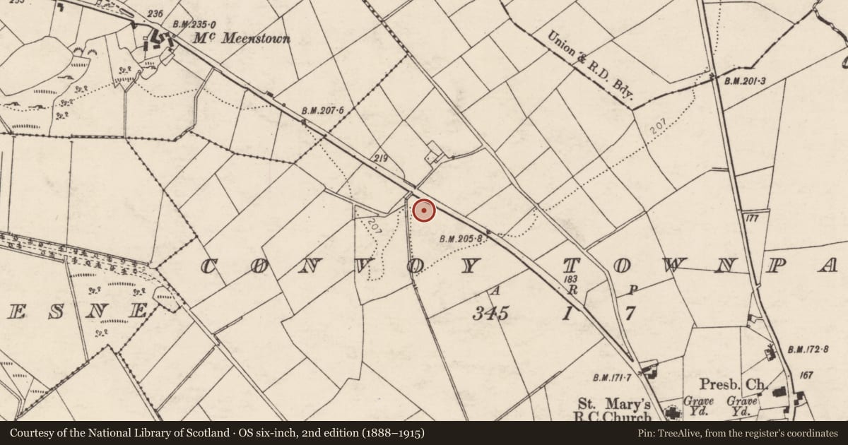 Ordnance Survey six-inch map, 2nd edition (1888–1915) covering the location of Standing stone, Convoy Townparks, County Donegal, with a pin at the register's coordinates
