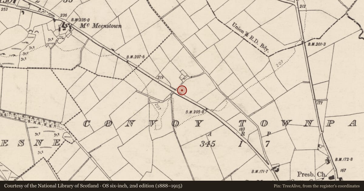 Ordnance Survey six-inch map, 2nd edition (1888–1915) covering the location of Standing stone, Convoy Townparks, County Donegal, with a pin at the register's coordinates