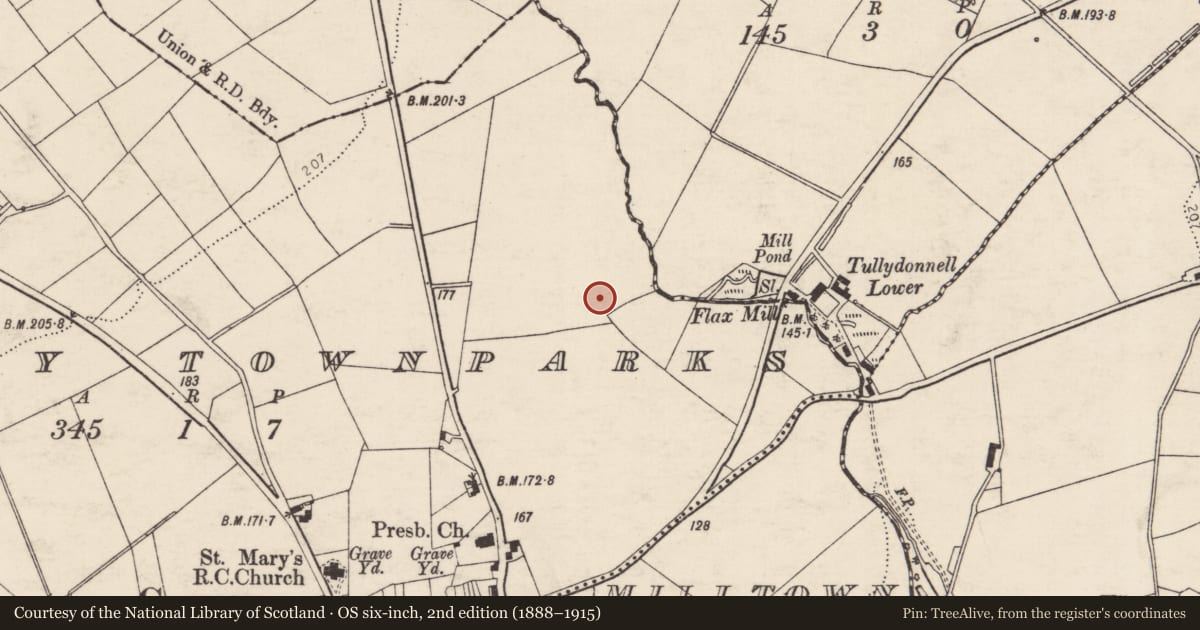 Ordnance Survey six-inch map, 2nd edition (1888–1915) covering the location of Standing stone, Convoy Townparks, County Donegal, with a pin at the register's coordinates