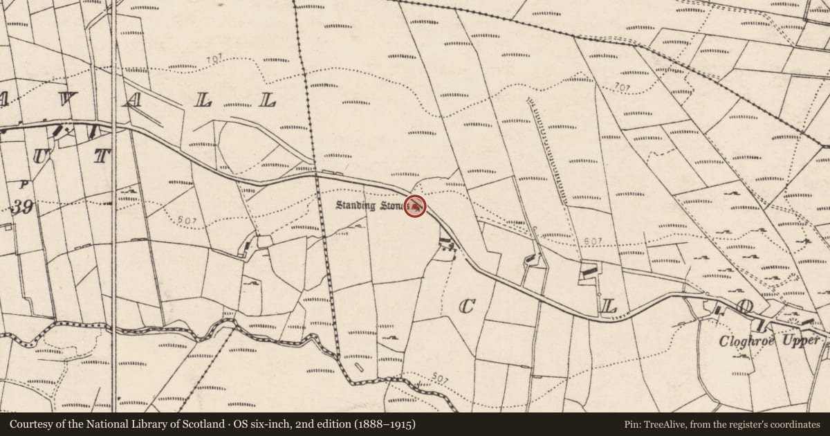 Ordnance Survey six-inch map, 2nd edition (1888–1915) covering the location of Megalithic tomb - portal tomb, Cloghroe, County Donegal, with a pin at the register's coordinates