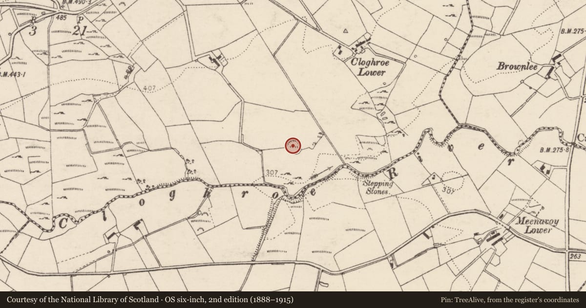 Ordnance Survey six-inch map, 2nd edition (1888–1915) covering the location of Ringfort - rath, Cloghroe, County Donegal, with a pin at the register's coordinates