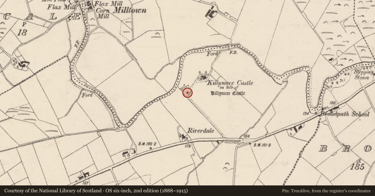 Ordnance Survey six-inch map, 2nd edition (1888–1915) covering the location of House - 16th/17th century, Killynure Or Wilsons Fort, County Donegal, with a pin at the register's coordinates