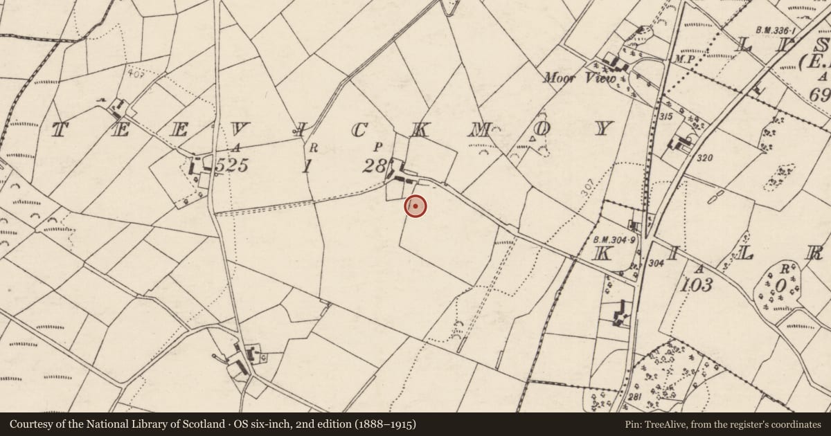 Ordnance Survey six-inch map, 2nd edition (1888–1915) covering the location of Ringfort - unclassified, Teevickmoy, County Donegal, with a pin at the register's coordinates