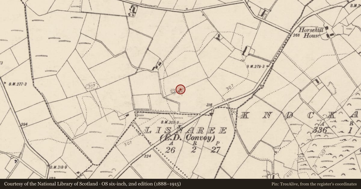 Ordnance Survey six-inch map, 2nd edition (1888–1915) covering the location of Ringfort - rath, Magheracorran, County Donegal, with a pin at the register's coordinates