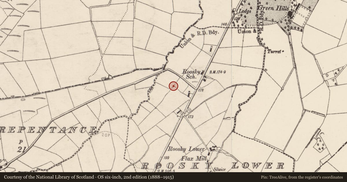Ordnance Survey six-inch map, 2nd edition (1888–1915) covering the location of Standing stone, Roosky Lower, County Donegal, with a pin at the register's coordinates