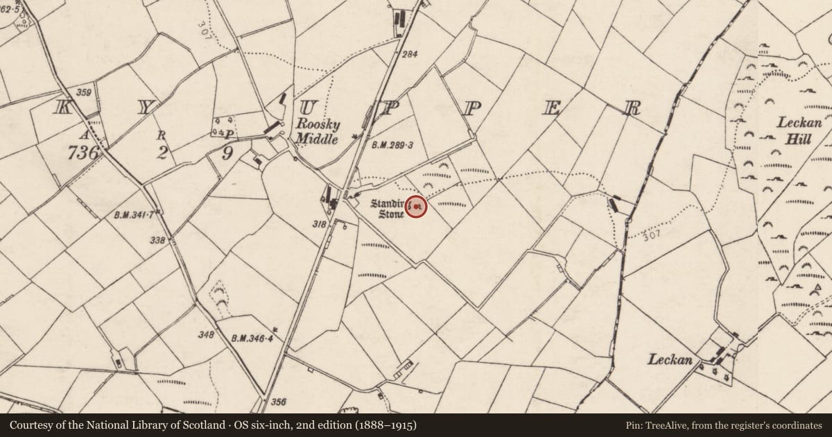 Ordnance Survey six-inch map, 2nd edition (1888–1915) covering the location of Standing stone, Roosky Upper, County Donegal, with a pin at the register's coordinates