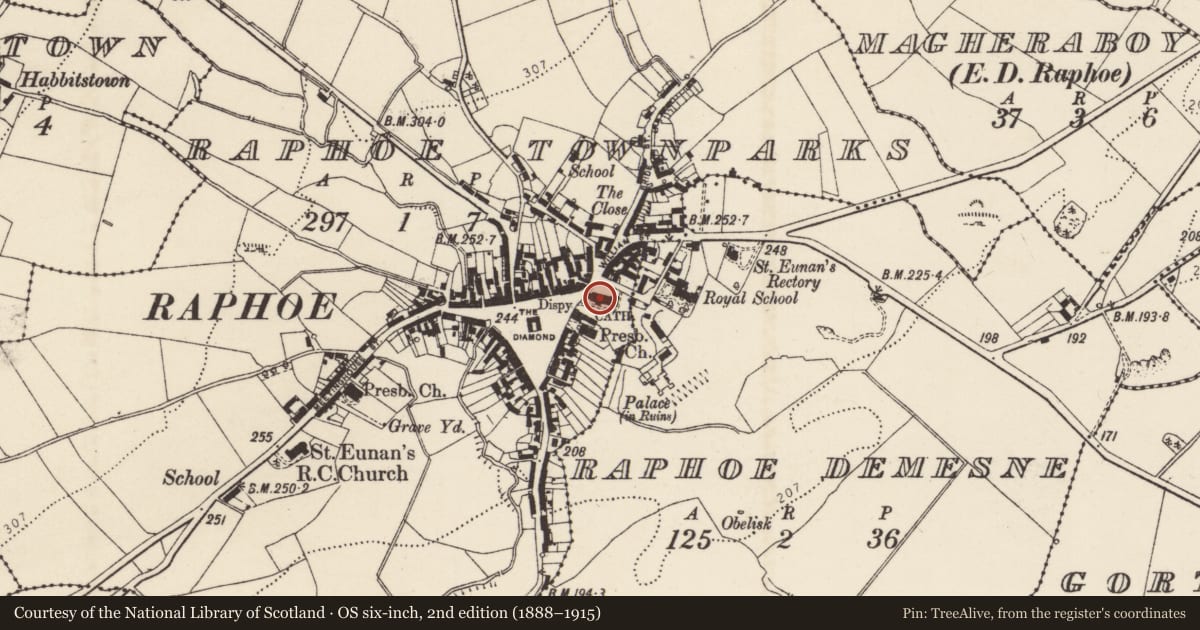 Ordnance Survey six-inch map, 2nd edition (1888–1915) covering the location of Cathedral, Raphoe Townparks, County Donegal, with a pin at the register's coordinates