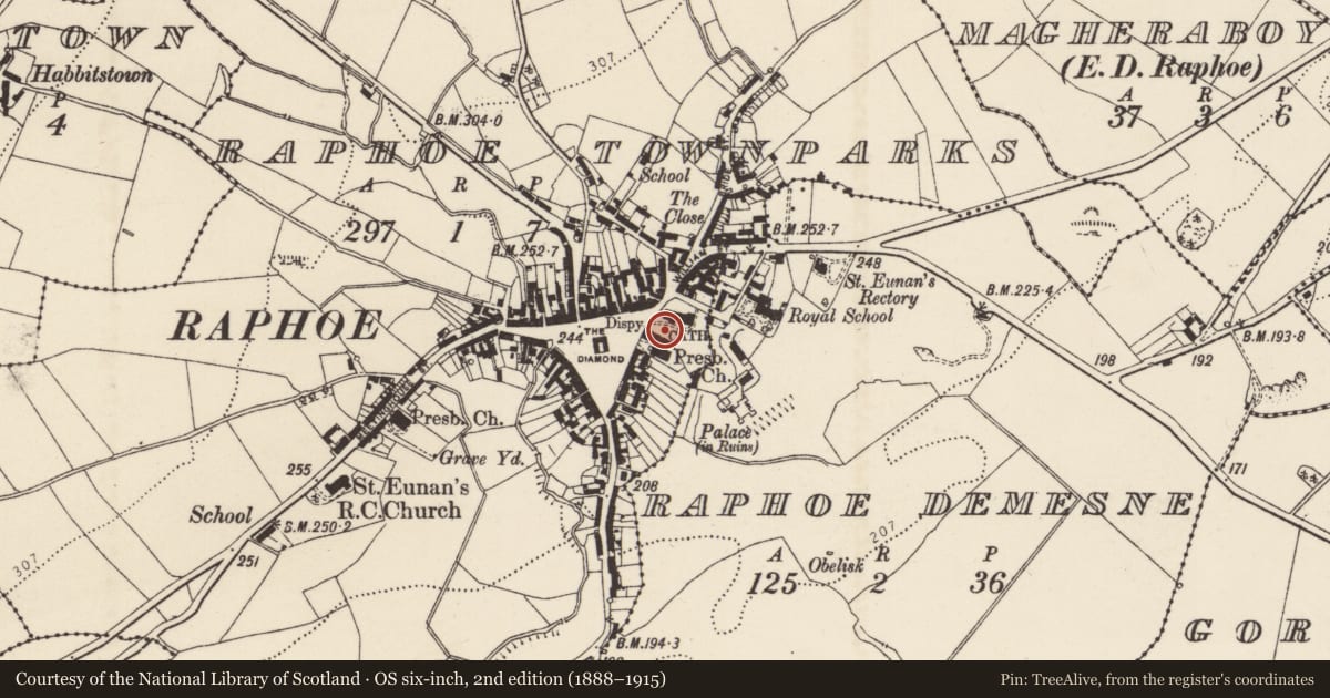 Ordnance Survey six-inch map, 2nd edition (1888–1915) covering the location of Stone sculpture, Raphoe Townparks, County Donegal, with a pin at the register's coordinates