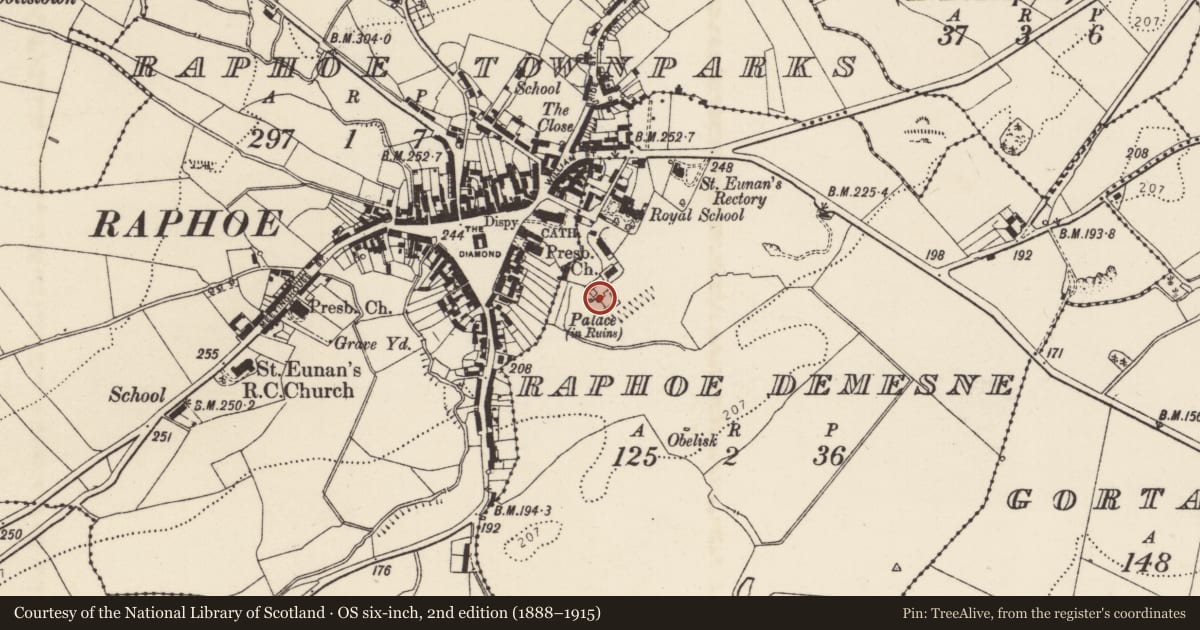 Ordnance Survey six-inch map, 2nd edition (1888–1915) covering the location of House - fortified house, Raphoe Demesne, County Donegal, with a pin at the register's coordinates
