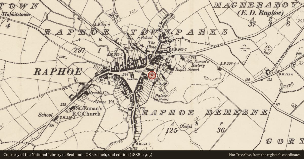 Ordnance Survey six-inch map, 2nd edition (1888–1915) covering the location of Graveyard, Raphoe Townparks, County Donegal, with a pin at the register's coordinates
