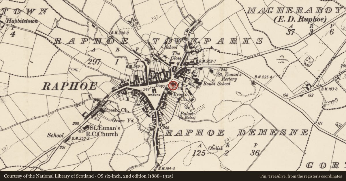 Ordnance Survey six-inch map, 2nd edition (1888–1915) covering the location of Architectural fragment, Raphoe Townparks, County Donegal, with a pin at the register's coordinates